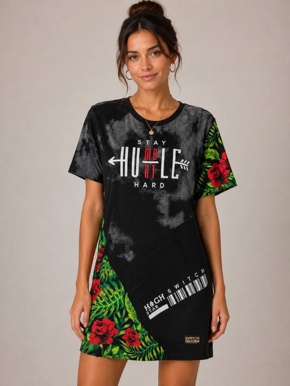 Women’s Graphic Streetwear Dress Stay Humble Hustle Hard Floral Cotton Oversized